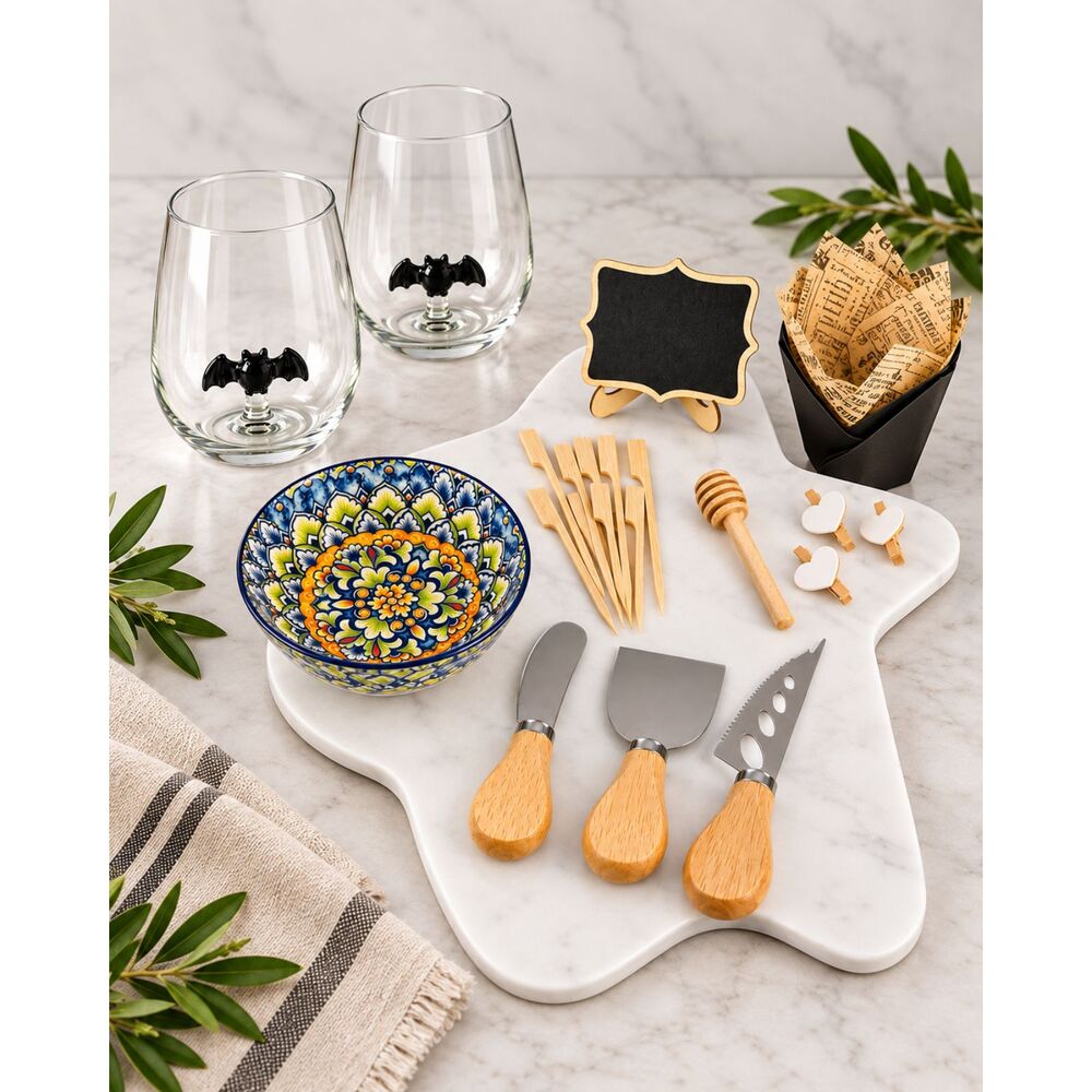 Halloween Ghost Marble Charcuterie Set + 2 Bat Wine Glasses